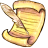 A pixelated golden scroll with a rolled edge and visible creases, held by a hand gripping the top left corner.