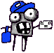 Pixelated cartoon character with blue cap and bag holding a white envelope, two versions show different eye expressions.