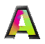 A stylized letter A with a black outline and white inner triangle, displaying shifting color gradients across its surface.