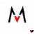 Two identical black stylized 'M' shapes with red pixelated hearts centered between them, and a single smaller red heart below the pair.