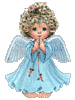 Pixelated angel figure with curly brown hair, blue dress, and wings in prayer pose against gray background.