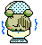 Pixel art contact sheet showing two frames of an animated character with green ears, blue polka-dot head covering, and yellow base on a gray background.