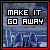 16 identical pixelated showing blue chairs on a stage with 'MAKE IT GO AWAY' text, where individual letters change color