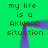 Green background with repeated text 'my life is a AKWARD situation' and purple pixelated shapes shifting across the frame.