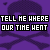 Purple background with repeating dark purple skull and crossbones pattern overlaid by black text reading "TELL HE WHERE OUR TIME WENT" in pixelated font.