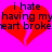 A static image shows a bright pink background with two identical red broken hearts and black text reading "i hate having my heart broke" in pixelated font.