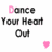 Animated sequence of ballet shoes and text with pink heart symbols, displaying variations in letter coloring and position.