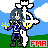 Pixel art icon of a character with gray hair and blue-purple clothing holding yellow energy effects, standing before a large white cross-like symbol on a green-and-blue background with red "FMA" text in the corner.