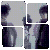 identical small square images showing a person with dark hair and black clothing against a light background, each image slightly offset from the next