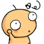 Pixelated cartoon character with orange-yellow skin, large white eyes with black pupils, one eye wider than the other, a single antenna on top of its head, and a small thought bubble containing abstract shapes above its right side.