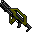 Pixelated image of a dark gray and olive green weapon with a checkered pattern, shown in two states: one with a glowing muzzle and one without.