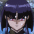 Pixelated anime-style character with dark purple hair and red eyes, shown in a of with subtle facial expression changes