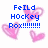 Pixelated blue text and pink heart shapes on a white background with gray section.