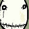 Pixelated static icon featuring a large white face with black outlines, two circular eyes, one eye with a vertical tear, and a wide stitched mouth, alongside a small yellow running stick figure on the right side.