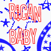 Red outlined text 'RIGAN BABY' on white background with blue stars and curved lines.