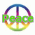 A rainbow-colored peace symbol with text overlays: 'Peace' in green, 'Luv' in red, and partial 'Gymnastic Bugs' in cyan.