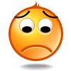 Two orange circular emoji faces with downturned mouths, raised eyebrows, and black pupils in white eyes appear side-by-side against a gray background.