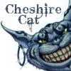 A static pixel art image of a grinning Cheshire Cat with yellow eyes and a wide toothy grin, positioned below the text 'Cheshire Cat' on a white background.