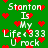 Green background with white pixelated text reading "Stanton Is My Life <333 U rock" surrounded by red heart symbols.