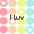 Pixelated of pastel circles with heart symbols, overlaid text reading 'I luv Jared Merandi xoxo' in black font