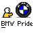 Animated contact sheet of 12 AIM buddy icons featuring a yellow stick figure and BMW logo variations with text bubbles, arranged in 4 columns by 3 rows on gray background.