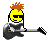 A 4x3 contact sheet of a pixel art animation featuring a yellow cartoon character with orange spiky hair playing an electric guitar, showing frame-by-frame motion across sampled frames.