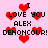 Pixelated red hearts float over a pink background with repeated text 'I LOVE YOU ALEX DENONCOUR!' in black block letters.