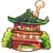 Pixelated icon of a red building with green roof and foliage, holding a light-colored staff-like object.
