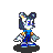 Pixel art contact sheet of a blue cartoon character with rabbit ears in eight distinct poses on gray background.