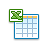 Green pixelated X symbol overlaid on a blue-bordered spreadsheet grid with light blue cells and orange header row.