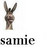 Pixelated icon shows a figure with raised arms in a V-shape gesture, below which is the text 'samie' in lowercase letters.