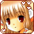 Pixelated anime-style face with light brown hair, large dark red eyes, and a small smile against warm-toned background with heart symbols.