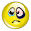 Yellow circular face with bloodshot eyes, tears, and a downturned mouth showing varying expressions