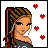Pixel art contact sheet showing six frames of an animated buddy icon featuring a cartoon woman with braided hair, red hearts, and "Kiss Me" text.