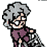 Pixelated elderly woman with gray hair and glasses pushes a stroller on a road, then stops as a car approaches from the right.