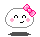 Pixelated character with rounded head, pink bow on left side, and gray outline; three expressions shown in