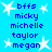 Blue background with white star shapes and blue text listing names in two
