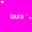 A bright pink background displays the word 'laura' repeated in white pixelated text across three , with scattered small stars of varying sizes and shades