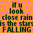Orange background with pink stars, repeating text "if u look close rain is the stars FALLING" in dark green pixelated font.