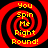 Four identical red and black spiral patterns with yellow text reading "You Spin Me Right Round!" arranged in a on a solid black background