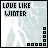Pixelated icon with 'LOVE LIKE WINTER' text above a white figure against light blue background, featuring small square elements on right and bottom edges.