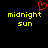 Pixelated yellow text 'midnight sun' on black background with red heart symbol above left text block.