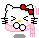 Pixelated Hello Kitty avatar with red bow, pink scarf, and glasses in four expressions: winking, confused, smiling, and neutral.