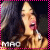A 50x50 pixel animated buddy icon showing a woman with long dark hair in two sequential frames, each displaying slightly different mouth positions and facial expressions against a black background with pink border.