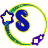 A circular icon with a green and yellow border contains a blue 'S' letter, surrounded by small star-shaped decorations in various colors.