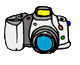 Four cartoon-style digital cameras arranged in a on a gray background, each with white bodies, blue lenses, and yellow viewfinders