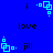 Blue background with repeated black text 'love' and 'jill' and cyan pixel art icons featuring square and dot patterns.