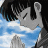 Animated character with black hair and closed eyes, wearing a blue top against a sky background that shifts to purple.