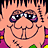 Pixelated cartoon face with peach skin, large reflective eyes, and a wide smile on a light background.