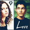 A split-panel static image shows a woman with curly brown hair on the left and a man in a black shirt on the right, with a heart symbol above the woman and 'Love' text below the man.